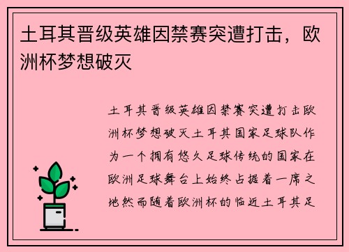 土耳其晋级英雄因禁赛突遭打击，欧洲杯梦想破灭