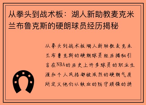 从拳头到战术板：湖人新助教麦克米兰布鲁克斯的硬朗球员经历揭秘