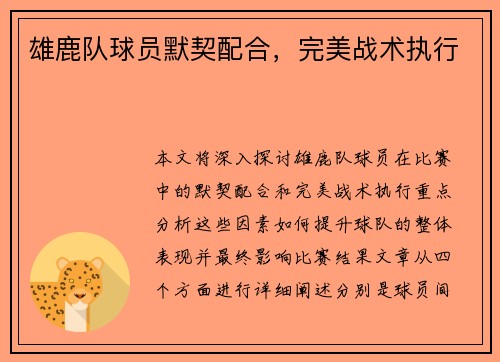雄鹿队球员默契配合，完美战术执行