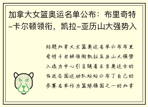 加拿大女篮奥运名单公布：布里奇特-卡尔顿领衔，凯拉-亚历山大强势入选