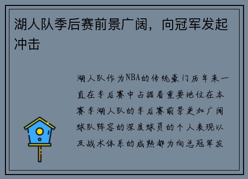 湖人队季后赛前景广阔，向冠军发起冲击