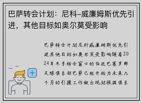 巴萨转会计划：尼科-威廉姆斯优先引进，其他目标如奥尔莫受影响