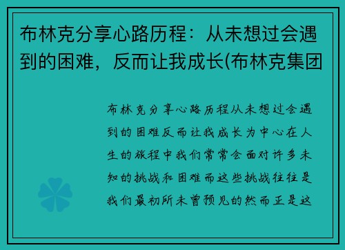 布林克分享心路历程：从未想过会遇到的困难，反而让我成长(布林克集团 brinks)